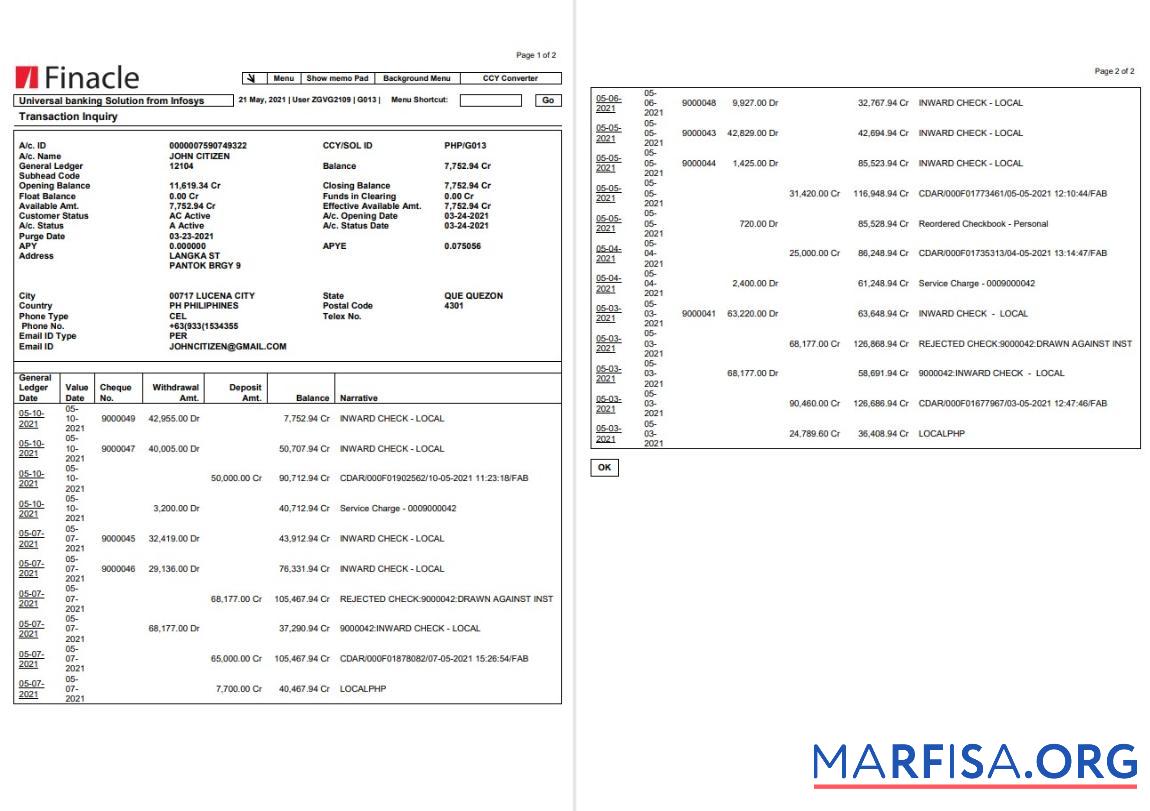 Realistic India Finacle bank statement word 2 pages sample